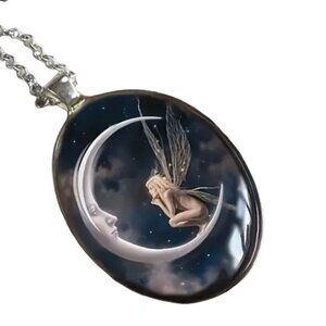 Fairy Moon Pendant Necklace With Silver Tone 19.5" Chain - Fantasy Art Jewelry